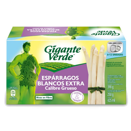 Caja de espárragos blancos Gigante Verde, mostrando la mascota de la marca y la información del producto en el empaque.