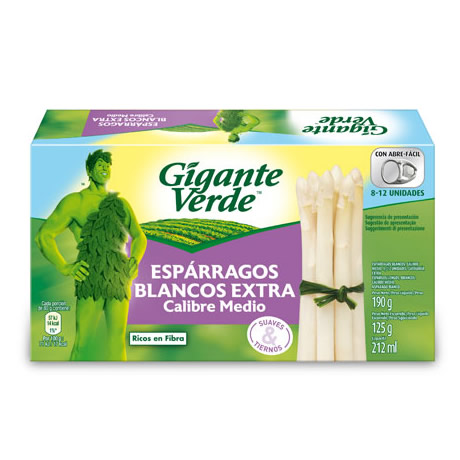 Caja de Espárragos Blancos Extra Gigante Verde, tamaño mediano, con imagen de mascota verde y espárragos.