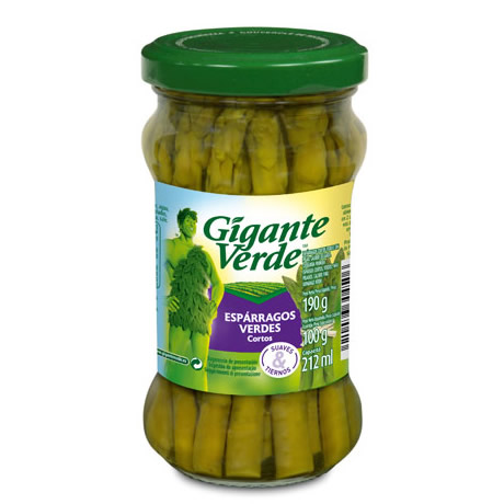 Tarro de espárragos verdes cortados en salmuera marca Gigante Verde, de 190 g de peso neto, con tapa verde.