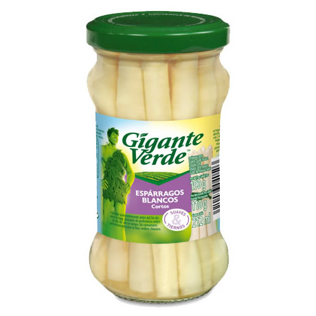 Tarro de espárragos blancos en salmuera marca Gigante Verde con tapa verde y etiqueta española.