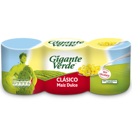 Paquete de maíz dulce Gigante Verde Clásico Maíz Dulce con ilustración de maíz y estatua verde.