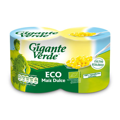 Paquete de dos maíz dulce Gigante Verde ECO Maíz Dulce con empaque verde y amarillo e información del producto.