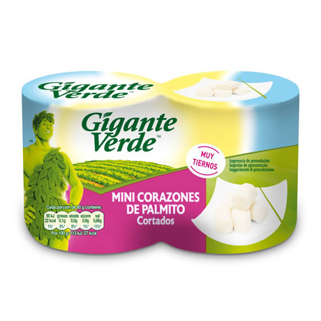 Un frasco de vidrio de corazones de palmito en rodajas marca Gigante Verde con tapa verde y etiqueta que presenta un carácter frondoso.