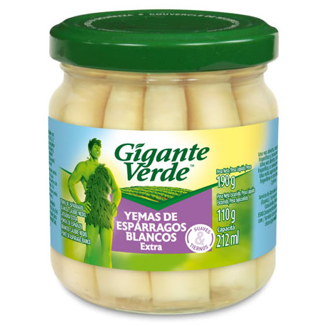 Tarro de espárragos blancos marca Gigante Verde con tapa verde y etiqueta azul y amarilla en español.