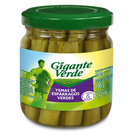 Tarro de puntas de espárragos verdes marca Gigante Verde con tapa verde y etiqueta de color.